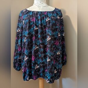 Daisy Fuentes XL Watercolor Black Teal Pink Banded Blouse Top